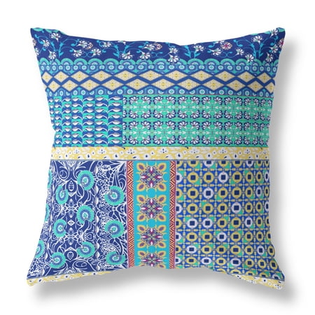 20â€ Navy Blue Yellow Patch Indoor Outdoor Zippered Throw Pillow