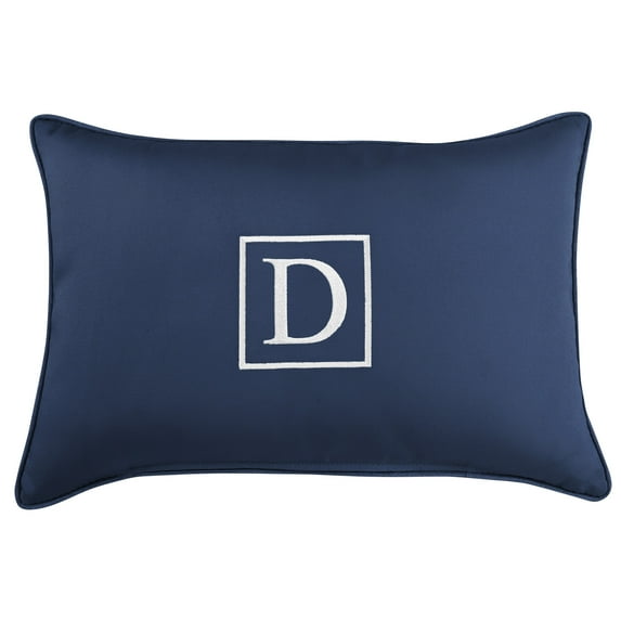20" Navy Blue and White Embroidered Monogram "D" Rectangular Lumbar Pillow
