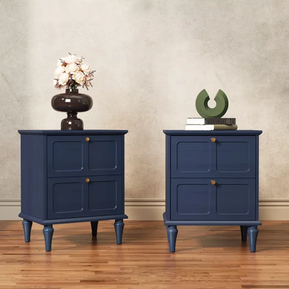 20''Night Stand Set of 2, Mid Century Nightstands with 2 Drawers and Solid Wood Legs, End Table Side Table for Small Space, Bedroom,Blue
