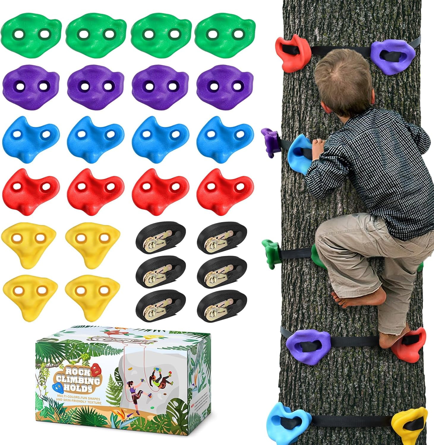 BABY FUN 24-Piece Rock Climbing Holds Set - 6 Colors With Hardware For DIY Walls