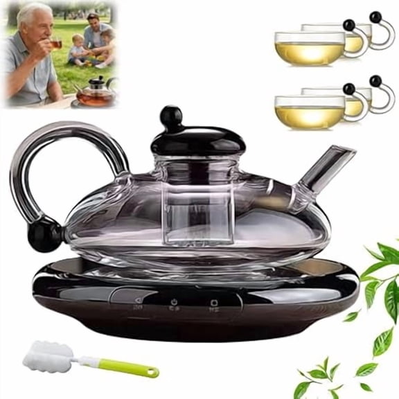 20 OZ Electric Glass Teapot with Warmer,New Glass Electric Tea Kettle with Infuser, 9-Temperature 1000w Heating Ceramic Stove, TeaPot Set with Infuser for Tea & Coffee (B with 4 Cups)