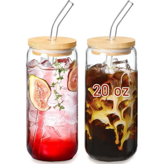 20 OZ Glass Cups with Bamboo Lids and Glass Straw - Beer Shaped Drinking Glasses Set, Iced Coffee Glasses, Cute Tumbler Cup, Aesthetic Coffee Bar Accessories, Gift - 2 Pack