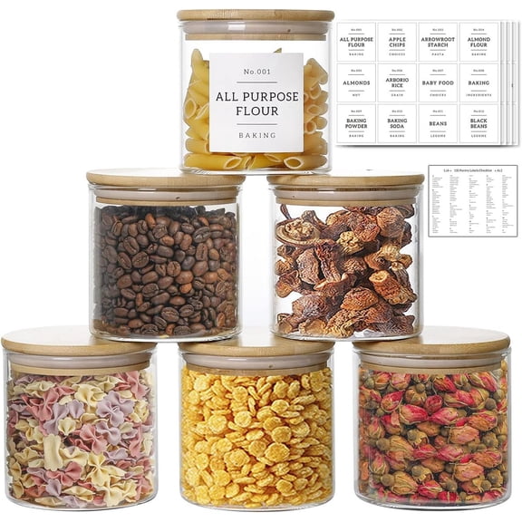 20 OZ Glass Storage Jars with 132 Pantry Labels Preprinted - 6 count Thicken Glass Storage Containers with Airtight Lid - Clear Kitchen Canister for , , Coffee, Sugar, Cookie, Candy