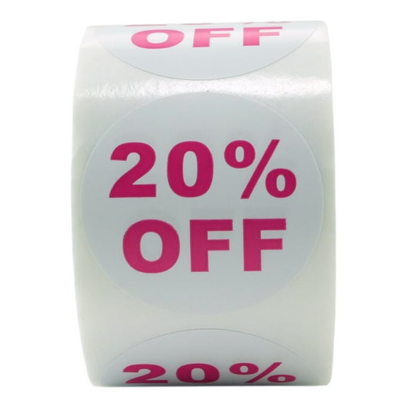20%-Off Sale Stickers, 1.5 Inch Round, Pink/White, 500 Labels Per Roll, 2 Rolls