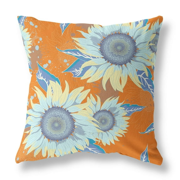 20" Orange Blue Sunflower Indoor Outdoor Zippered Throw Pillow