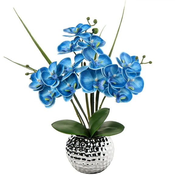 20'' Orchids Artificial Flowers, Blue Faux Orchid Flowers with Silver Vase Realistic Phalaenopsis Flowers for Home Table Living Room Office Kitchen Decor