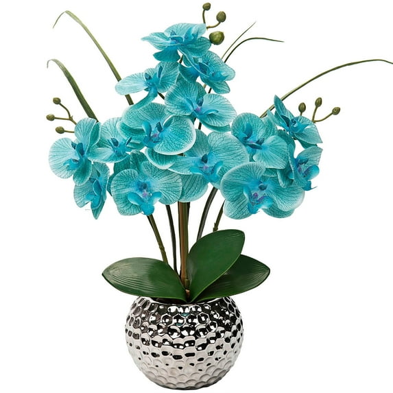 20'' Orchids Artificial Flowers Potted Plants Fake Phalaenopsis Orchid with Silver Vase Teal Blue Faux Flowers