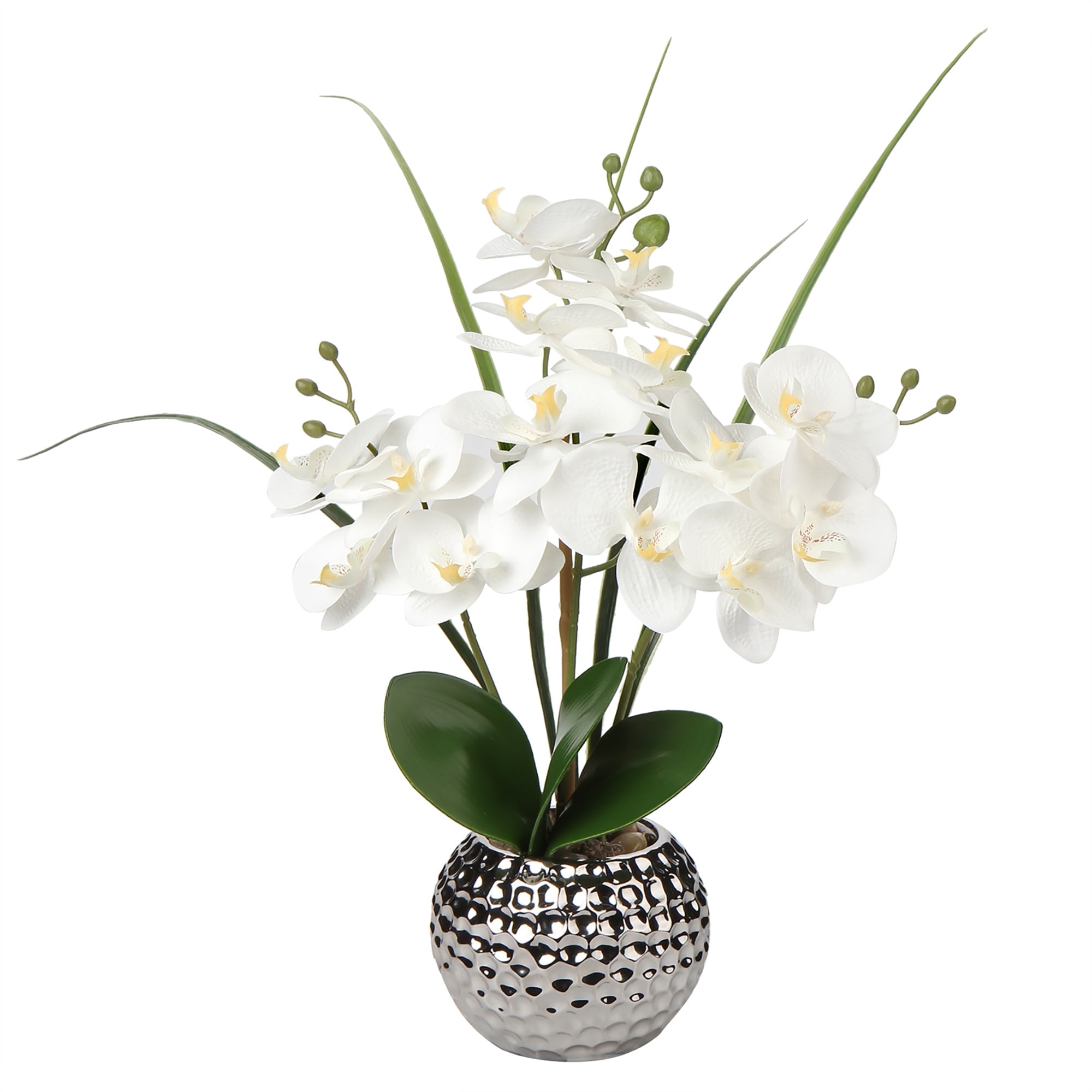 20'' Orchids Artificial Flowers, White Faux Orchid Flowers with Silver Vase Realistic Phalaenopsis Flowers for  Home