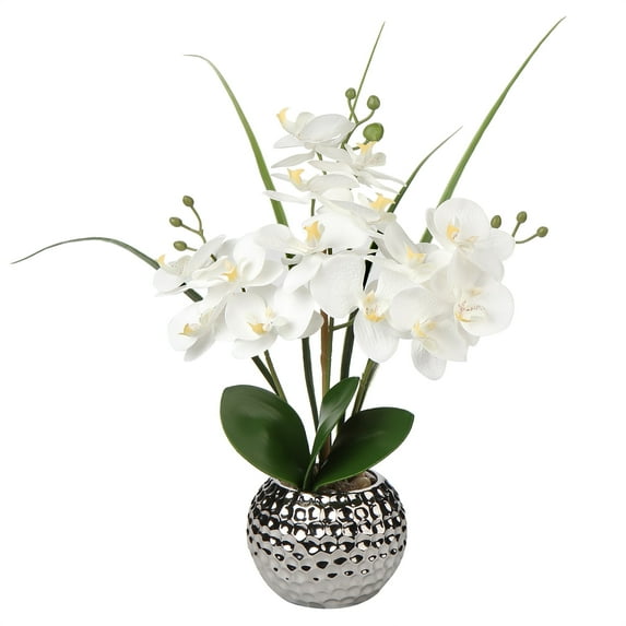 20'' Orchids Artificial Flowers, White Faux Orchid Flowers with Silver Vase Realistic Phalaenopsis Flowers for Home