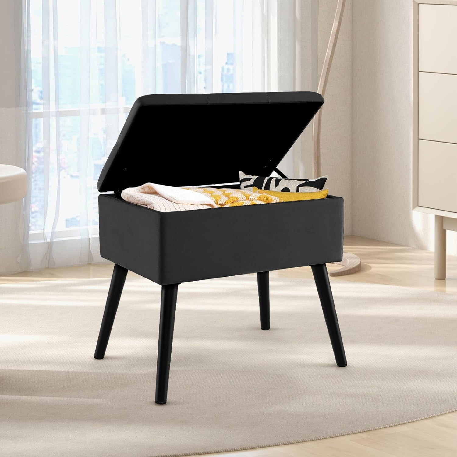 20" Ottoman with Storage - Makeup Vanity Bench, Wood Legs, Upholstered