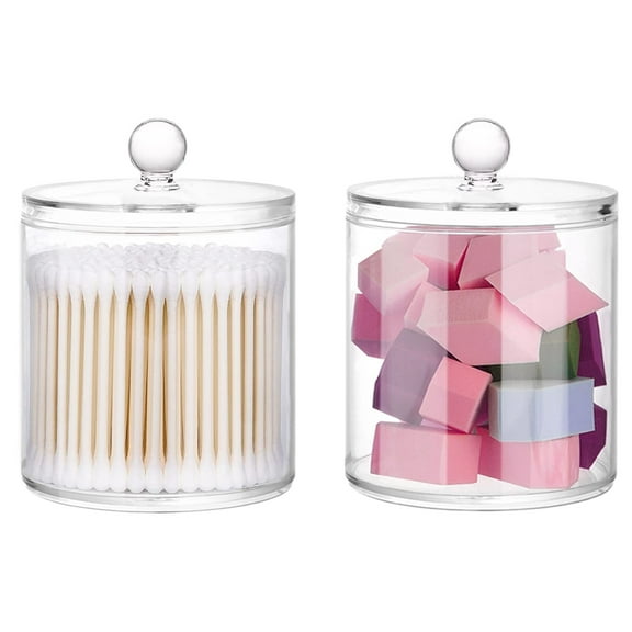 20-Ounce Qtip Holder Storage Canister Set of 2, Clear Plastic Apothecary Jar with Lid, Bathroom Makeup Organizer for Cotton Ball, Cotton Swab, Pads, Powder Puffs (2)