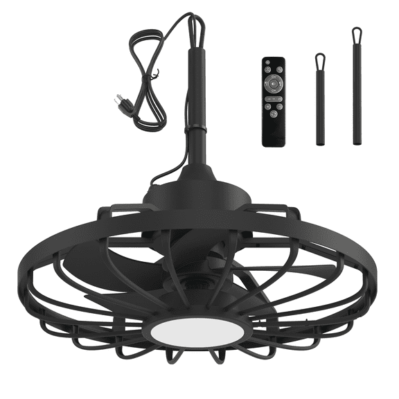 20" Outdoor Ceiling Fan with Light,IP65 Waterproof Plug in Ceiling Fan with Remote and 2 Downrods, Gazebo Caged Hanging Fan with 3 Color LED Light for Porch, Pergola, Canopy, Black