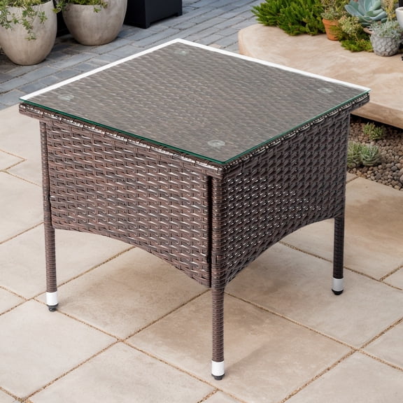 20" Outdoor Square Wicker Side Table with Glass Top, All-Weather, Brown