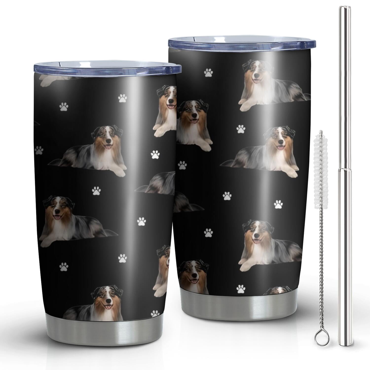 20 Oz Australian Shepherd Dog and Footprints Coffee Tumbler Double Wall Insulated Stainless Steel Water Bottle | Metal Reusable Thermoses Flask with Cup Cap | Leak & Sweat Proof with Anti-Dust Lid