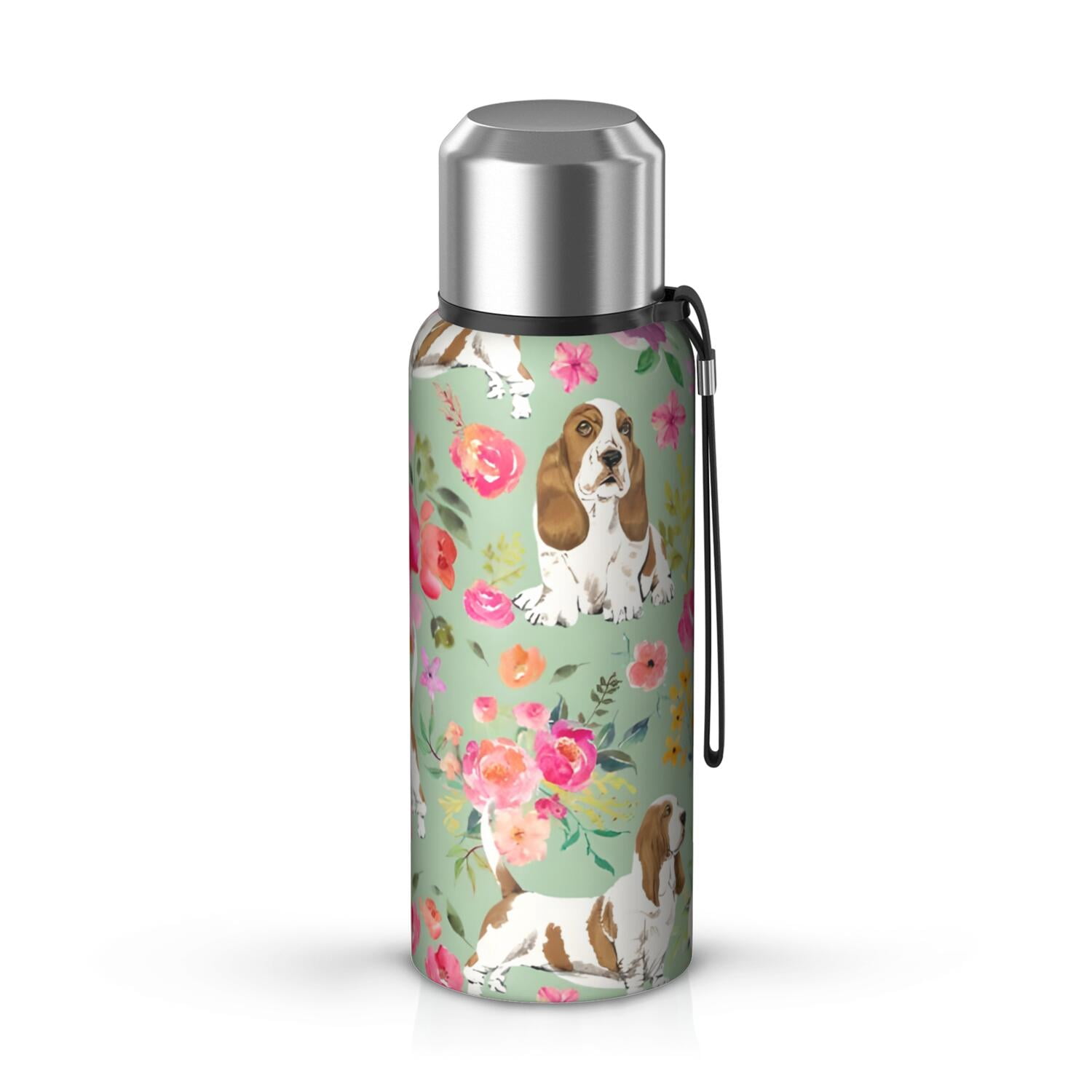 20 Oz Basset Hound and Flowers Coffee Tumbler Double Wall Insulated Stainless Steel Water Bottle | Metal Reusable Thermoses Flask with Cup Cap | Leak & Sweat Proof with Anti-Dust Lid