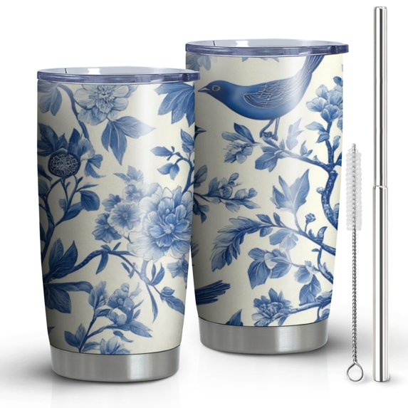 20 Oz Blue Pioneer Flower and Bird Coffee Tumbler Double Wall Insulated Stainless Steel Water Bottle | Metal Reusable Thermoses Flask with Cup Cap | Leak & Sweat Proof with Anti-Dust Lid