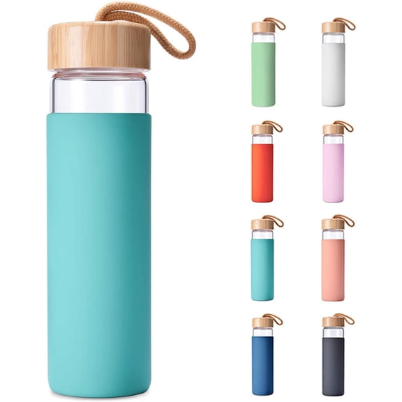 20 Oz Borosilicate Glass Water Bottle with Bamboo Lid and Silicone Sleeve – Reusable BPA Free – Glass Drinking Bottle with Lids - Cute Glass Bottle for Women - Glass Shaker Bottle