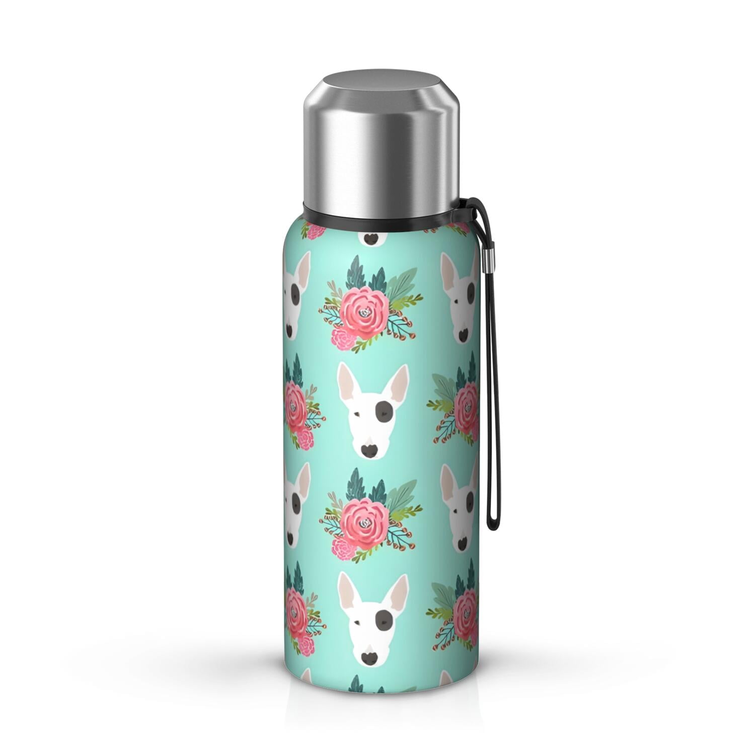 20 Oz Bull Terrier Dog and Flower Florals Coffee Tumbler Double Wall Insulated Stainless Steel Water Bottle | Metal Reusable Thermoses Flask with Cup Cap | Leak & Sweat Proof with Anti-Dust Lid