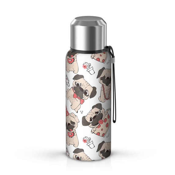 20 Oz Cartoon Pug Dog Coffee Tumbler Double Wall Insulated Stainless Steel Water Bottle | Metal Reusable Thermoses Flask with Cup Cap | Leak & Sweat Proof with Anti-Dust Lid