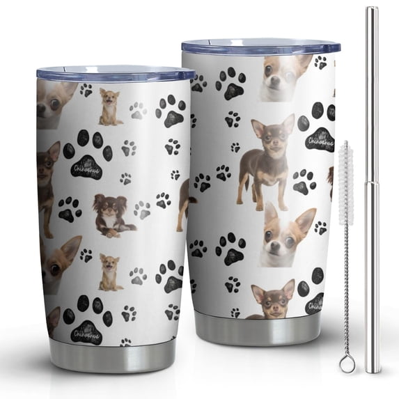 20 Oz Chihuahua and Footprints Coffee Tumbler Double Wall Insulated Stainless Steel Water Bottle | Metal Reusable Thermoses Flask with Cup Cap | Leak & Sweat Proof with Anti-Dust Lid