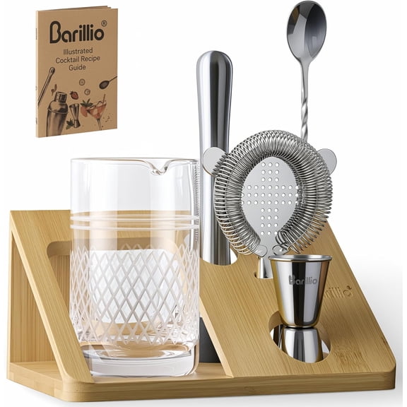 20 Oz Crystal Cocktail Mixing Glass with Bamboo Stand and 6-Piece Bar Tool Set