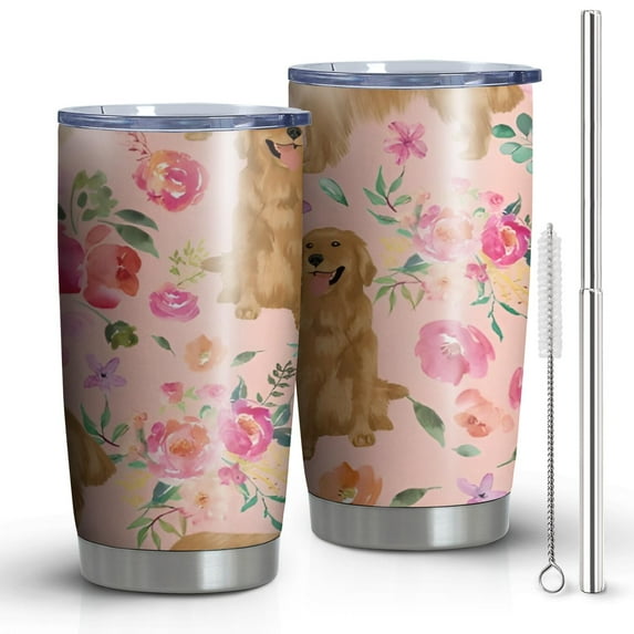 20 Oz Golden Retriever with Flowers Coffee Tumbler Double Wall Insulated Stainless Steel Water Bottle | Metal Reusable Thermoses Flask with Cup Cap | Leak & Sweat Proof with Anti-Dust Lid