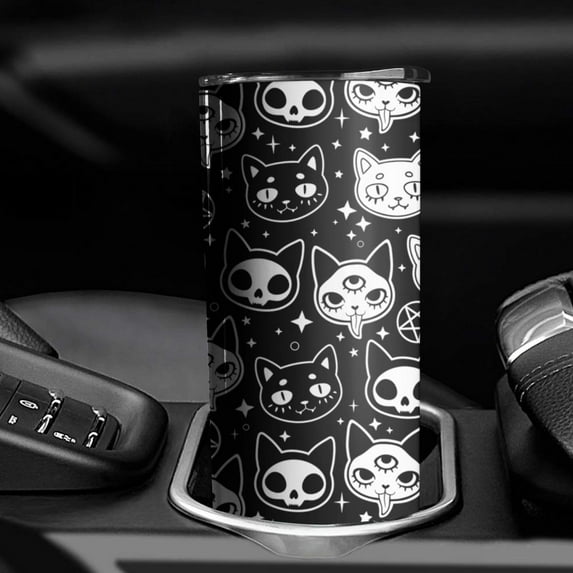 20 Oz Goth Skinny Tumbler with Lid and Straw Cat Skull Print Double Wall Insulated Stainless Steel Drinks Hot or Cold Coffee Cups Gothic Travel Mug Gifts for Men