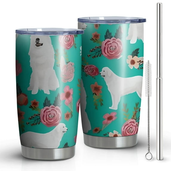 20 Oz Great Pyrenees Dog and Flower Coffee Tumbler Double Wall Insulated Stainless Steel Water Bottle | Metal Reusable Thermoses Flask with Cup Cap | Leak & Sweat Proof with Anti-Dust Lid
