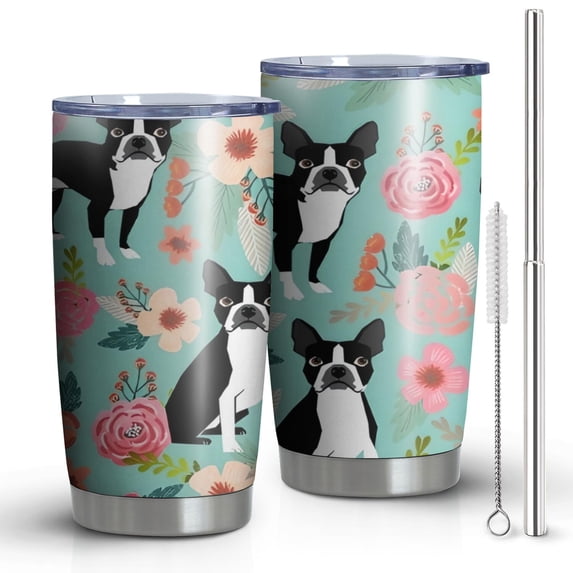 20 Oz Green Boston Terrier and Flower Coffee Tumbler Double Wall Insulated Stainless Steel Water Bottle | Metal Reusable Thermoses Flask with Cup Cap | Leak & Sweat Proof with Anti-Dust Lid