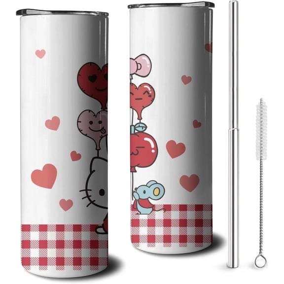 20 Oz Hello Kawaii cat cute Stainless Steel Insulated Cup Thermal Skinny Tumblers Travel Coffee Mug with Metal Straw and Lid