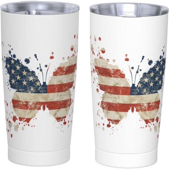 20 Oz Insulated Tumbler with Lid and Straw, American Butterfly Vintage Flag Mom Dad Iced Coffee Stainless Steel Vacuum Insulated Tumbler Cup Travel Mug for Hot and Cold