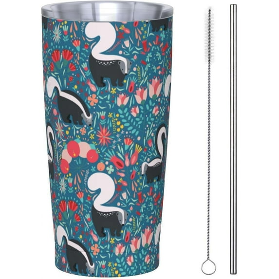 20 Oz Insulated Tumbler with Lid and Straw, Cute Floral Skunks Mom Dad Iced Coffee Stainless Steel Vacuum Insulated Tumbler Cup Travel Mug for Hot and Cold