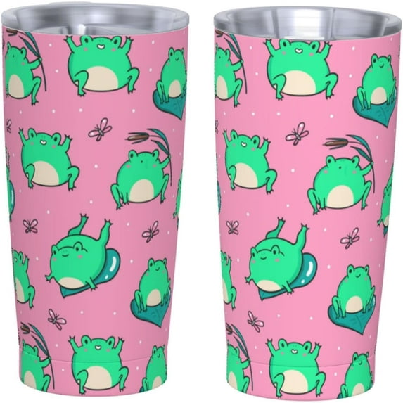 20 Oz Insulated Tumbler with Lid and Straw, Cute Green Frogs on Pink Mom Dad Iced Coffee Stainless Steel Vacuum Insulated Tumbler Cup Travel Mug for Hot and Cold