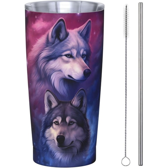 20 Oz Insulated Tumbler with Lid and Straw, Galaxy Double Wolves Mom Dad Iced Coffee Stainless Steel Vacuum Insulated Tumbler Cup Travel Mug for Hot and Cold