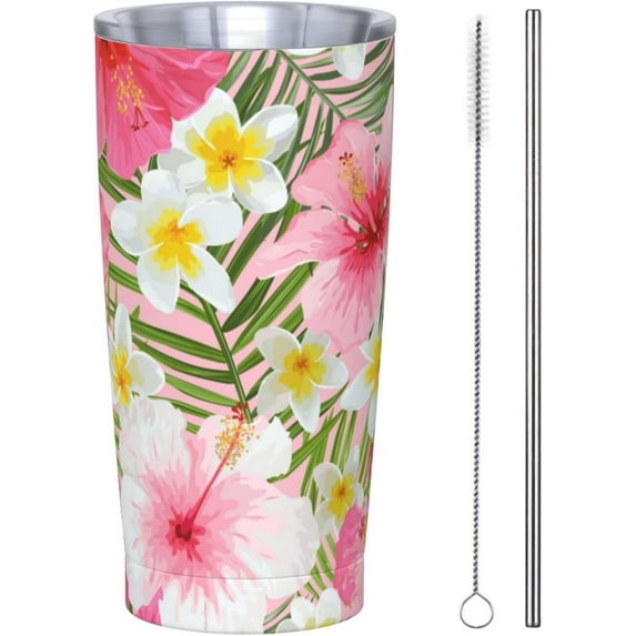 20 Oz Insulated Tumbler with Lid and Straw, Pink Tropical Flowers Mom Dad Iced Coffee Stainless Steel Vacuum Insulated Tumbler Cup Travel Mug for Hot and Cold