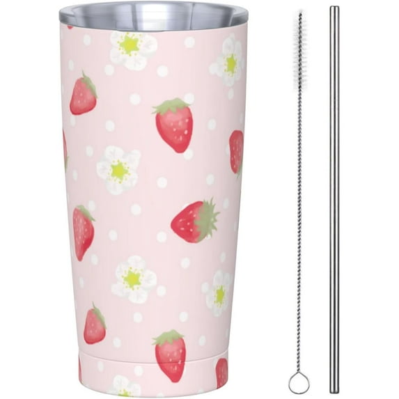 20 Oz Insulated Tumbler with Lid and Straw, Strawberries Flowers Point Mom Dad Iced Coffee Stainless Steel Vacuum Insulated Tumbler Cup Travel Mug for Hot and Cold
