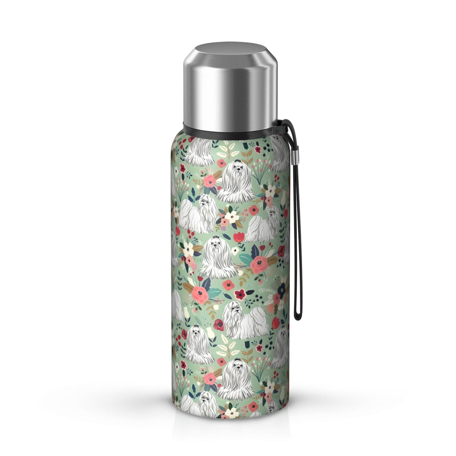 20 Oz Maltese Dog and Flower Floral Coffee Tumbler Double Wall Insulated Stainless Steel Water Bottle | Metal Reusable Thermoses Flask with Cup Cap | Leak & Sweat Proof with Anti-Dust Lid