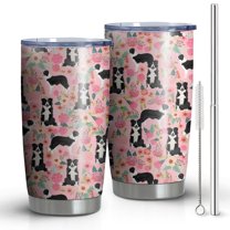 20 Oz Pink Border Collie Dog and Flower Floral Coffee Tumbler Double Wall Insulated Stainless Steel Water Bottle | Metal Reusable Thermoses Flask with Cup Cap | Leak & Sweat Proof with Anti-Dust Lid
