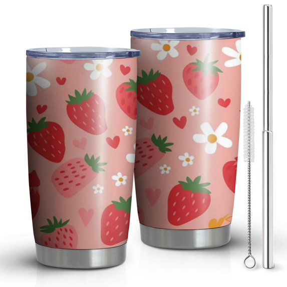 20 Oz Pink Strawberry Plants Fruit Coffee Tumbler Double Wall Insulated Stainless Steel Water Bottle | Metal Reusable Thermoses Flask with Cup Cap | Leak & Sweat Proof with Anti-Dust Lid