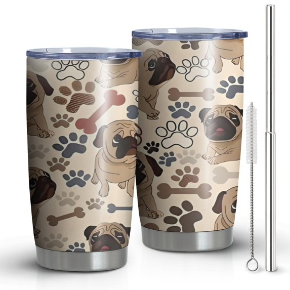 20 Oz Pug and Footprint Coffee Tumbler Double Wall Insulated Stainless Steel Water Bottle | Metal Reusable Thermoses Flask with Cup Cap | Leak & Sweat Proof with Anti-Dust Lid