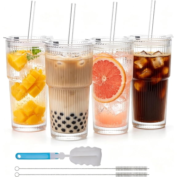 20 Oz Ribbed Glass Cups with Lids and Straws - Reusable Iced Coffee Tumblers with Silicone Sleeves for Juice Smoothies and Bubble Tea