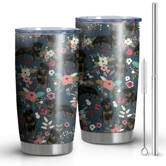 20 Oz Rottweiler Dog and Flower Floral Coffee Tumbler Double Wall Insulated Stainless Steel Water Bottle | Metal Reusable Thermoses Flask with Cup Cap | Leak & Sweat Proof with Anti-Dust Lid