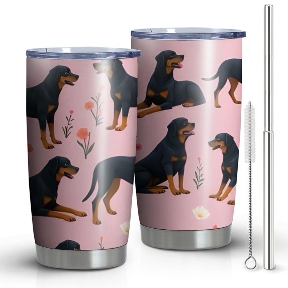 20 Oz Rottweiler Dogs with Flowers Coffee Tumbler Double Wall Insulated Stainless Steel Water Bottle | Metal Reusable Thermoses Flask with Cup Cap | Leak & Sweat Proof with Anti-Dust Lid