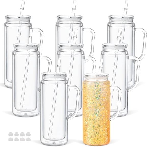 20 Oz Snow Globe Tumbler Cup with Handle, Double Wall Plastic Snowglobe Tumbler with Pre-Drilled Hole and Plug for Glitter DIY, 8 Pack