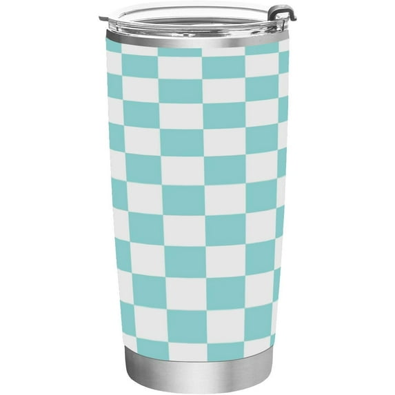 20 Oz Stainless Steel Vacuum Insulated Tumbler Turquoise White Checkered Coffee Cup with Lids and Straw Double Wall Water Travel Mug for Hot and Cold Drinks for Home Office