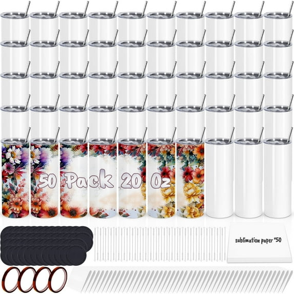 20 Oz Sublimation Tumblers Bulk, Sublimation Blank Tumbler, Stainless Steel Double Wall Insulated Sublimation Cups with Lid and straw, Individually Box (50 Pack)