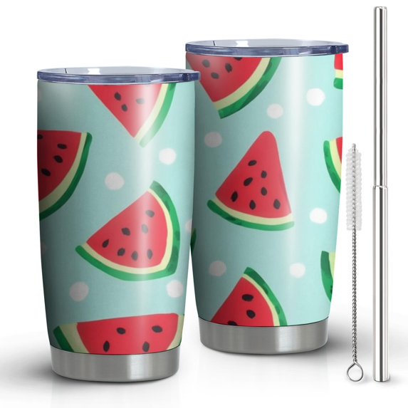 20 Oz Summer Watermelon Coffee Tumbler Double Wall Insulated Stainless Steel Water Bottle | Metal Reusable Thermoses Flask with Cup Cap | Leak & Sweat Proof with Anti-Dust Lid