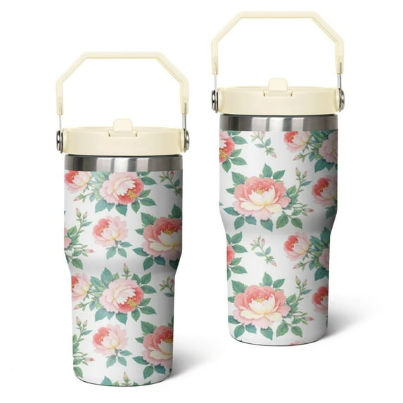 20 Oz Tumbler Pink Flat Flowers Tumbler with Lid and Straw, Birthday Gift Cup for Friend Women Men Coffee Travel Mug Thanksgiving Day Halloween Christmas Gift Water Bottle