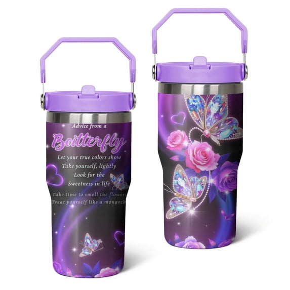 20 Oz Tumbler Purple and Colorful Butterfly Tumbler with Lid and Straw, Birthday Gift Cup for Friend Women Men Coffee Travel Mug Thanksgiving Day Halloween Christmas Gift Water Bottle
