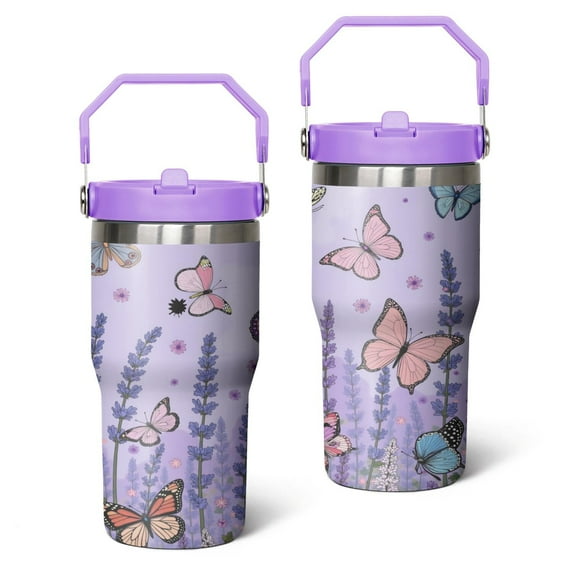 20 Oz Tumbler Purple Lavender Flower Butterflies Tumbler with Lid and Straw, Birthday Gift Cup for Friend Women Men Coffee Travel Mug Thanksgiving Day Halloween Christmas Gift Water Bottle